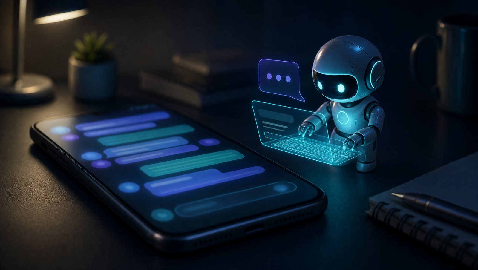 A phone glowing on a dark desk while a small AI assistant figure drafts a reply