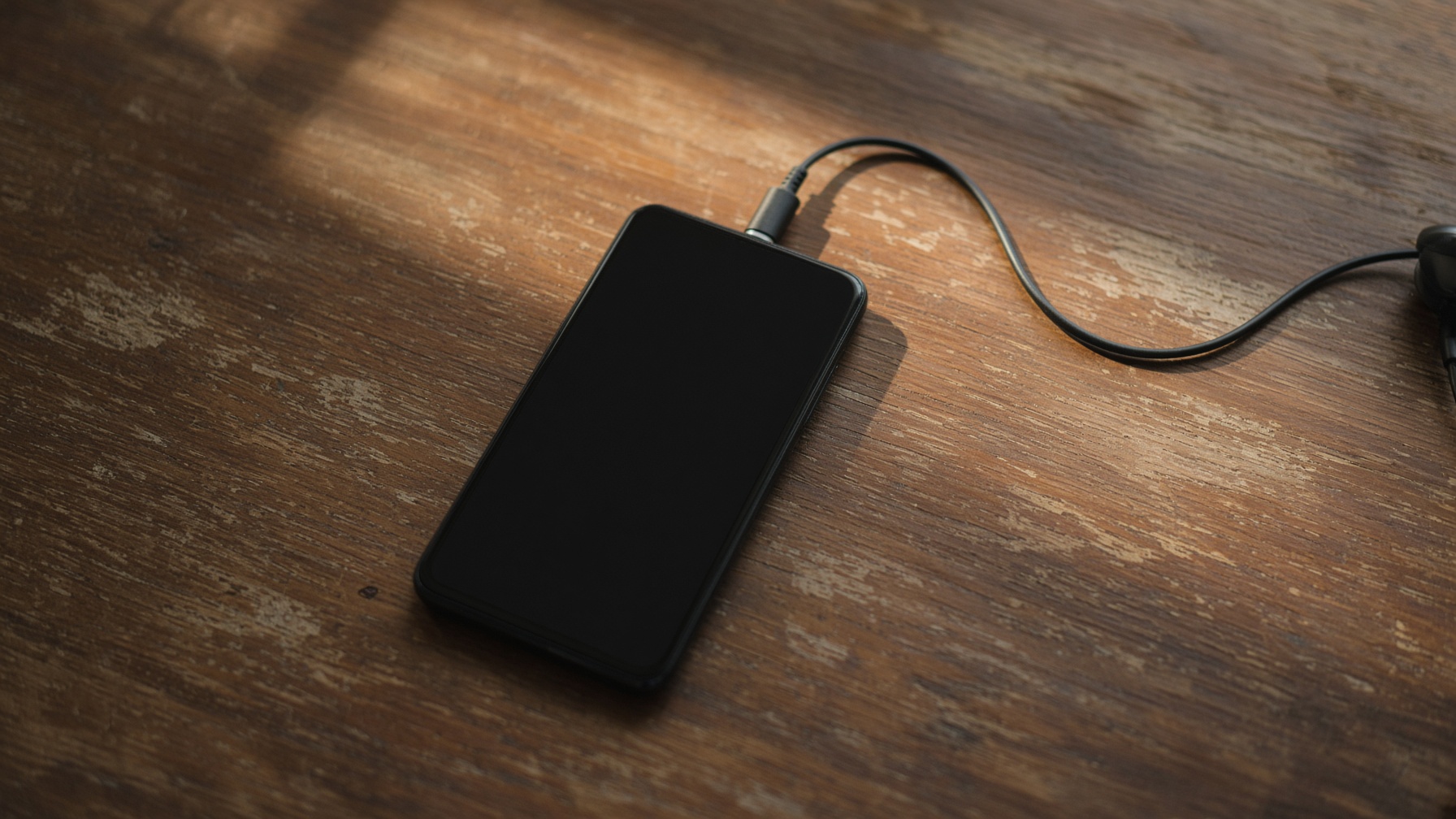 An audio player on a warm desk, headphones beside it