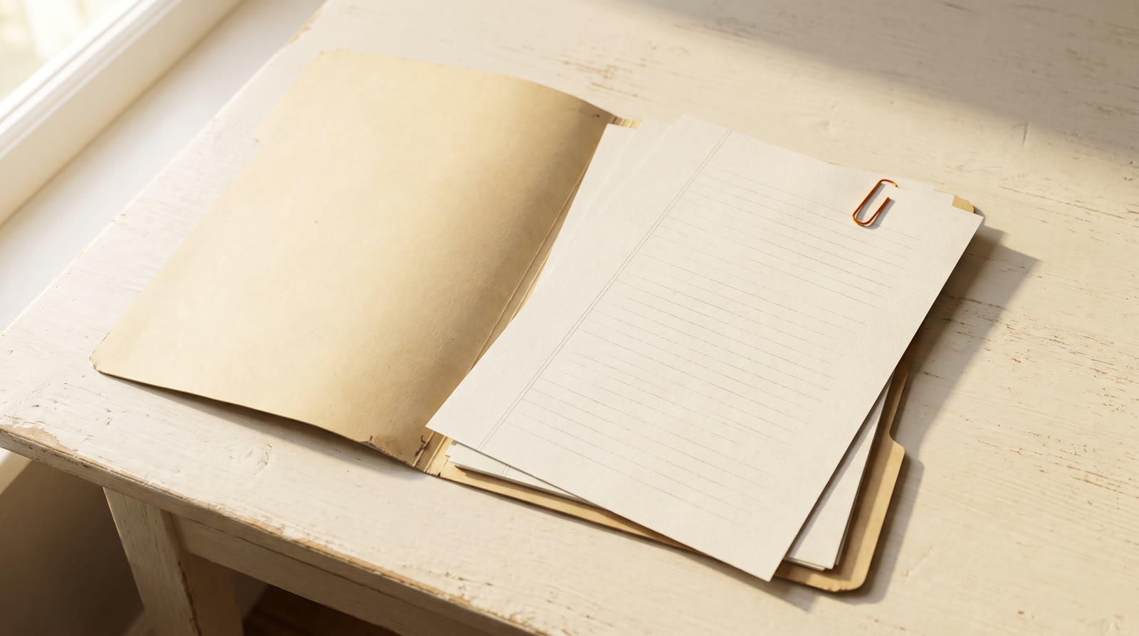 A plain manila folder open on a desk holding three sheets of paper, one orange paperclip